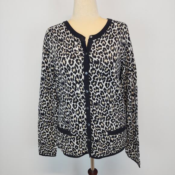 Lands End Leopard Print Cardigan Size XL Supima Cotton Long Sleeve Chic Teacher - Picture 1 of 16